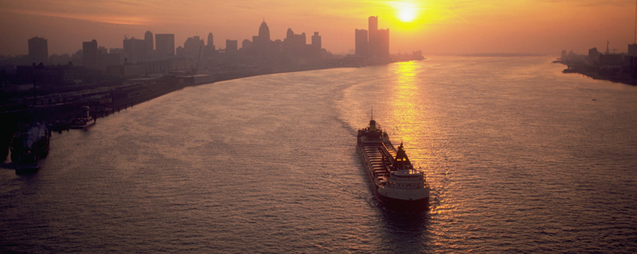 Freighter in Detroit at sunrise.