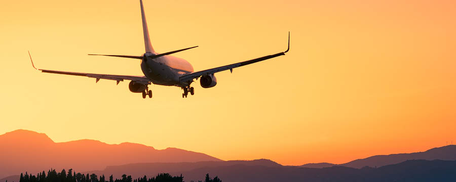 Airplane landing at sunset.