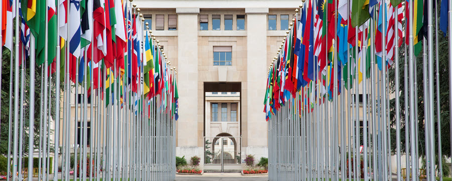 A group of flags in front of a building